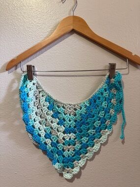 Handmade Crochet Triangle Shawl - Teal, Aqua & Light Gray